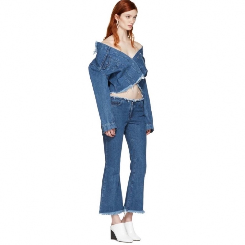 Marques Almeida Raw Edge Flare Jeans Dark Wash Indigo Blue Frayed Denim Size 6